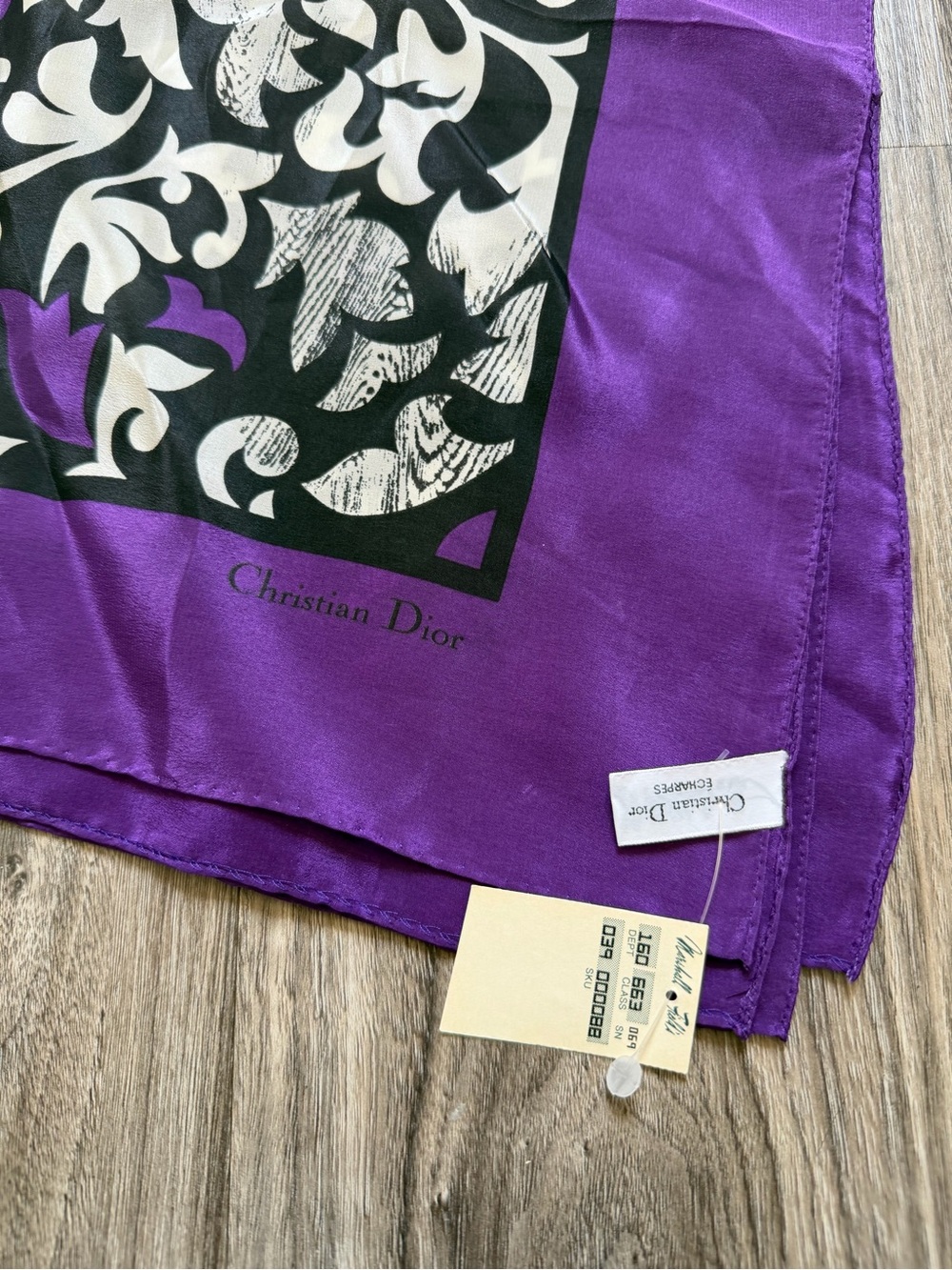 Vintage Christian Dior Silk Scarf Purple Black White Abstract Floral Vine Print